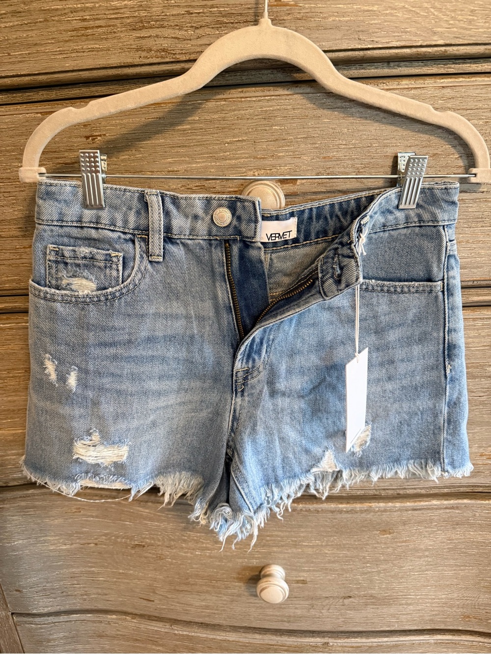 Vervet Mid-Rise Light Blue Distressed Denim Shorts